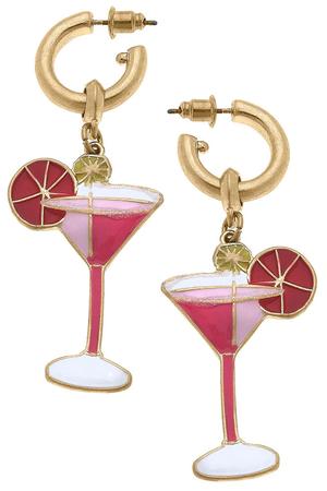 Cosmo Cocktail Enamel Drop Hoop Earrings in Pink