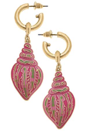 Seashell Enamel Drop Hoop Earrings in Pink